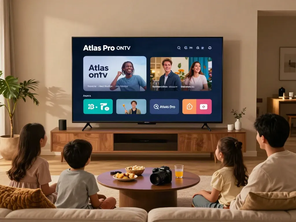 Profitez de l'application Atlas Pro ONTV dans un salon moderne avec une famille heureuse.