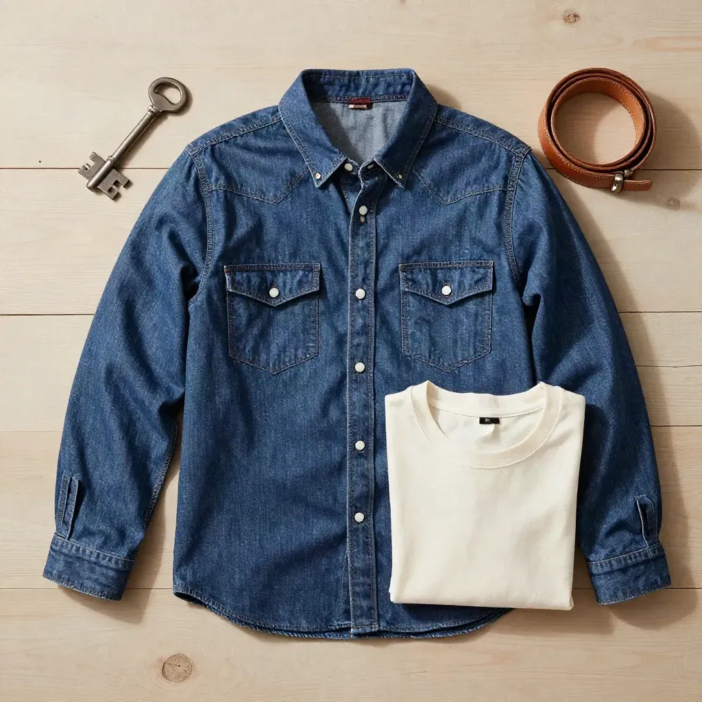 Chemise en denim indigo à plat sur bois pâle avec ceinture cuir et tee crème.