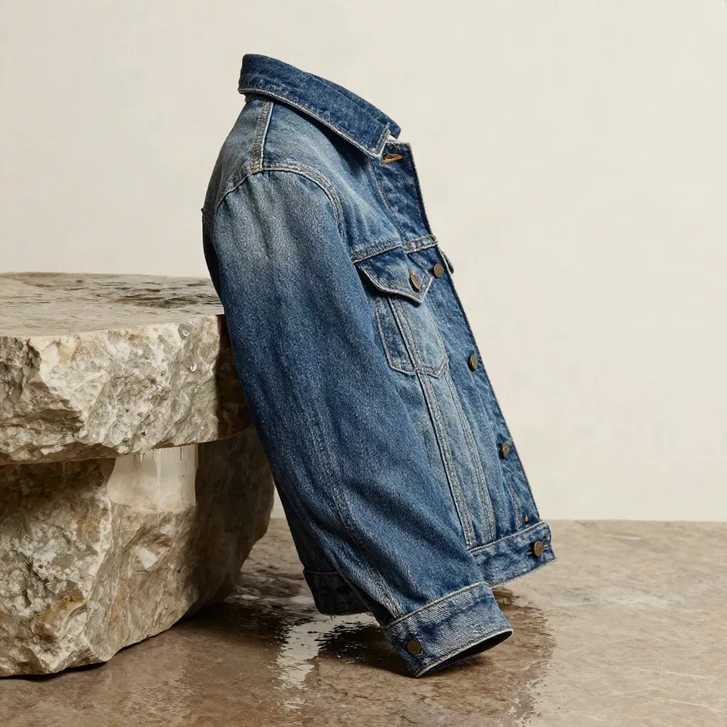 Gros plan d’une veste en denim bleu mouillé appuyée sur une pierre humide, lumière rasante.