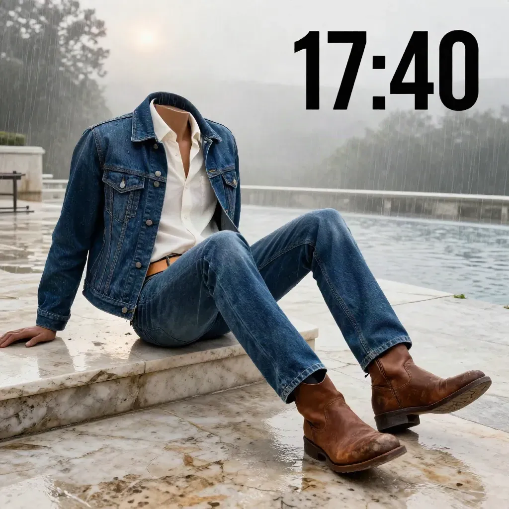 Jean droit, veste, chemise, ceinture et boots sur pierre mouillée après la pluie.