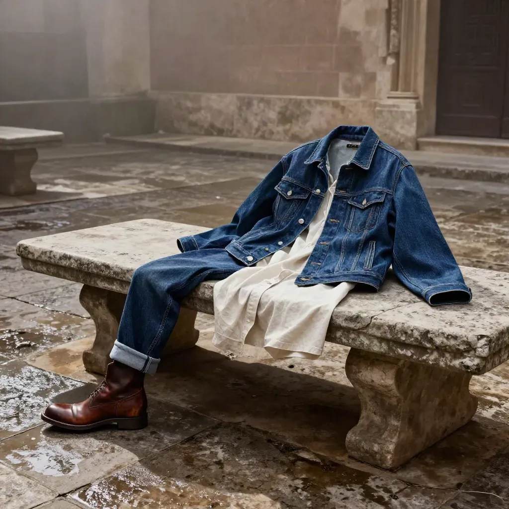 Veste denim indigo sur banquette de pierre, jean roulé, chemise claire et botte en cuir, après l’orage.