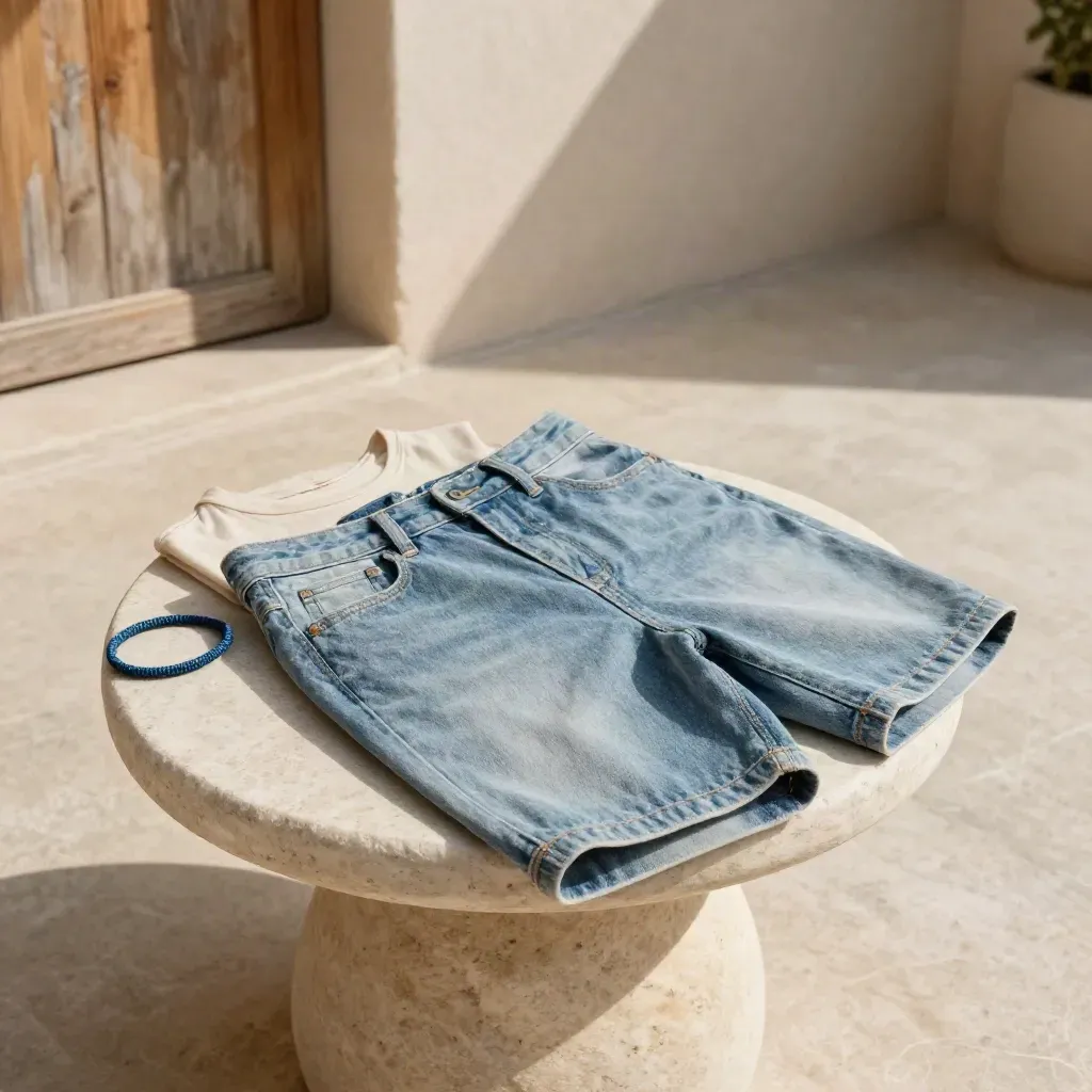 Short en jean clair avec tee écru et corde bleue sur un tabouret de pierre.
