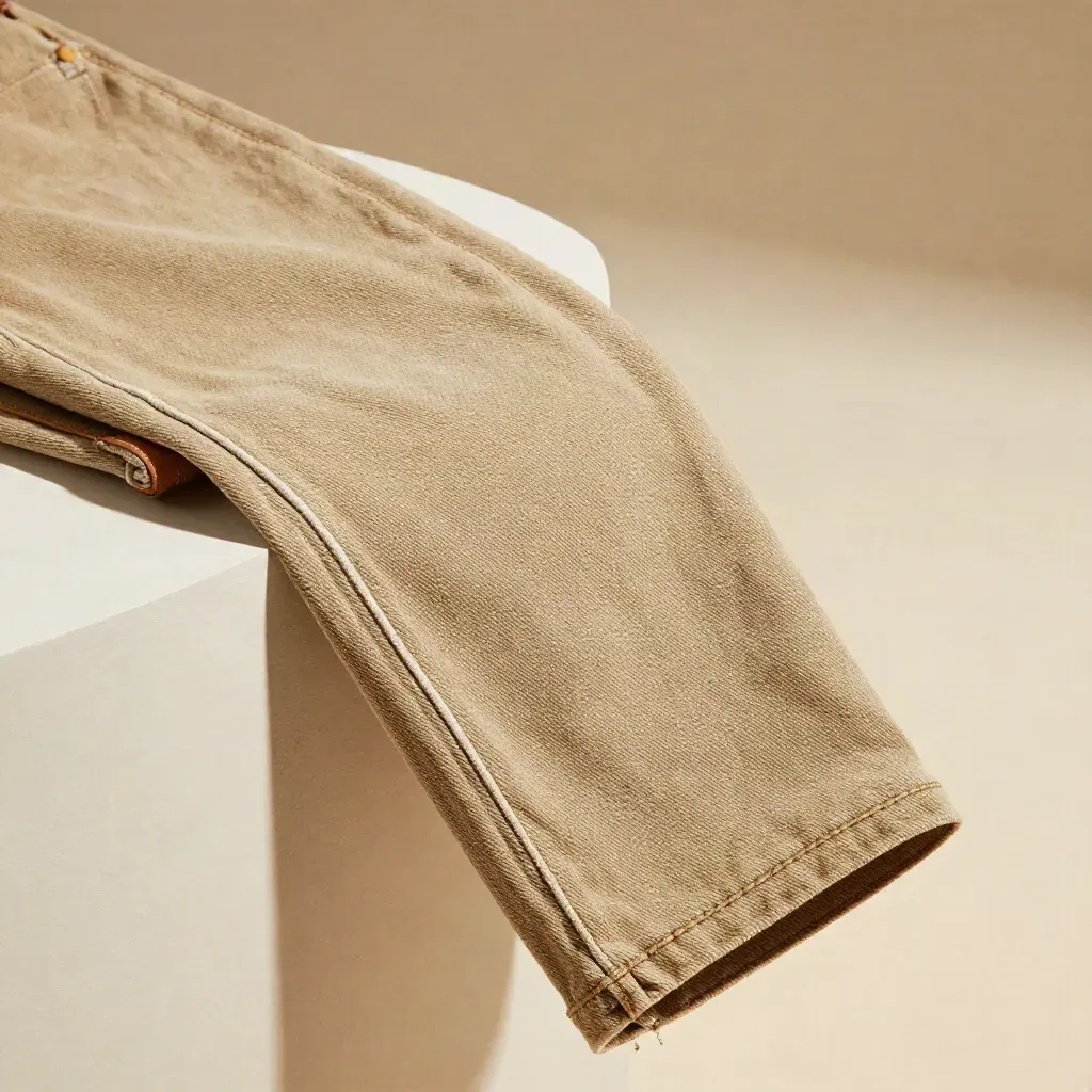 Jean slim sable sur plinthe, maille crème et cuir tan, lumière rasante douce.