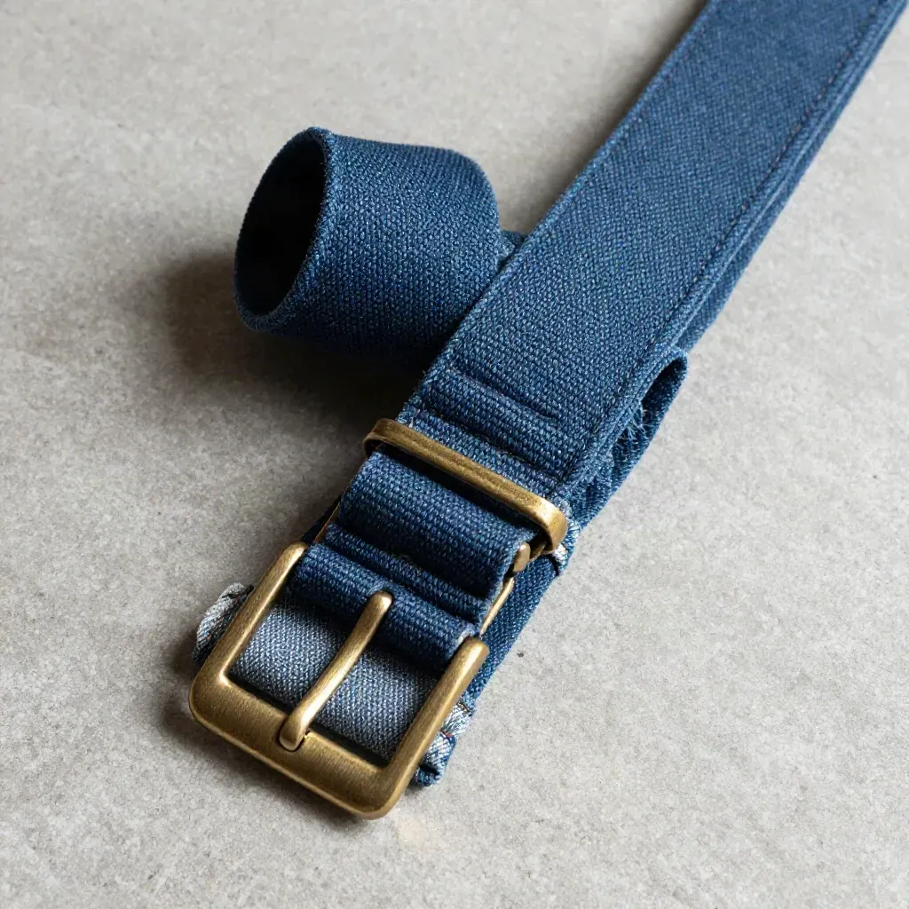 Ceinture bleue en toile enroulée sur un revers de jean, boucle laiton sur pierre.