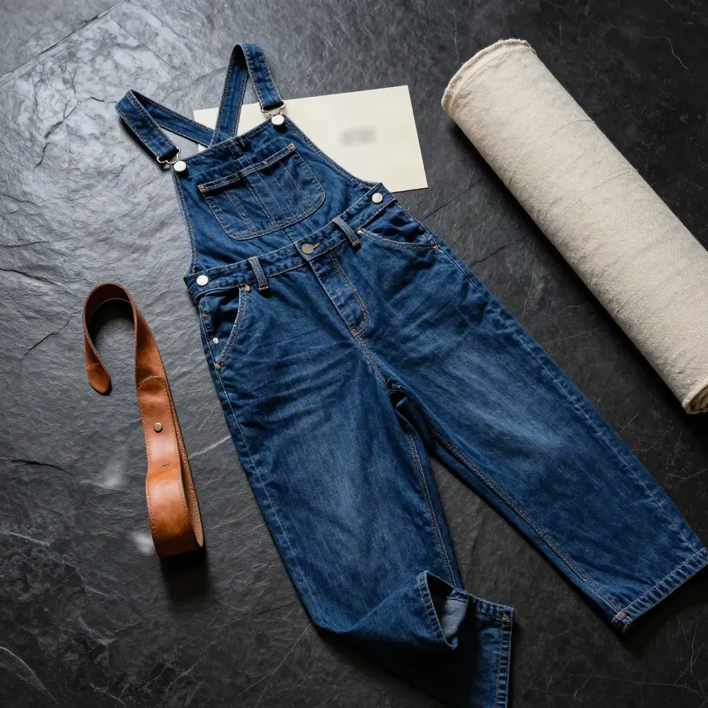 Salopette en denim moyen sur pierre noire, avec sangle cuir et toile brute, vue du dessus.