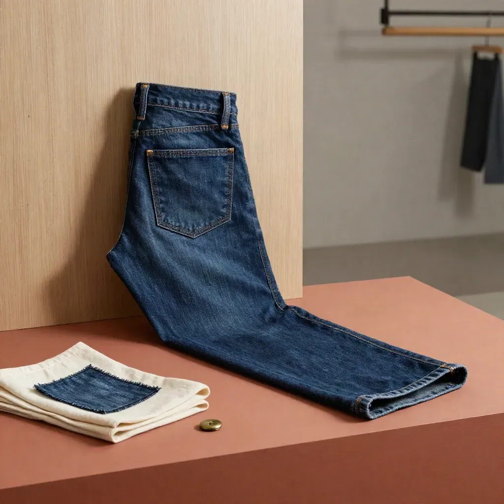 Jean regular indigo ouvert sur plinthe terracotta, avec swatch denim et lumière douce.