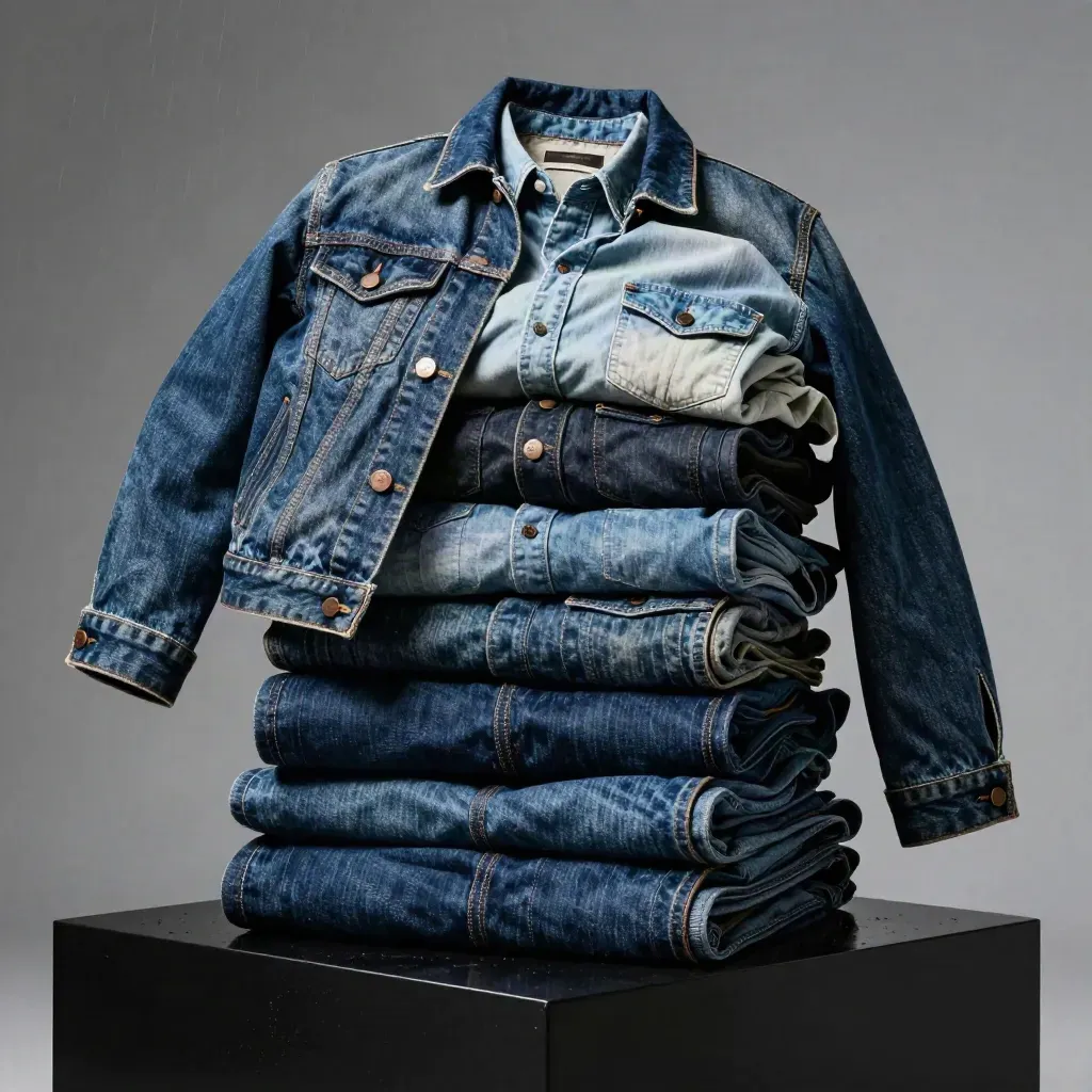 Empilement de jeans et vestes en denim indigo sur fond sombre, avec reflet humide et lumière dramatique.