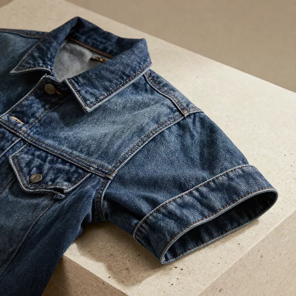 Veste en jean brut en gros plan sur travertin, coutures lisibles et lumière rasante.