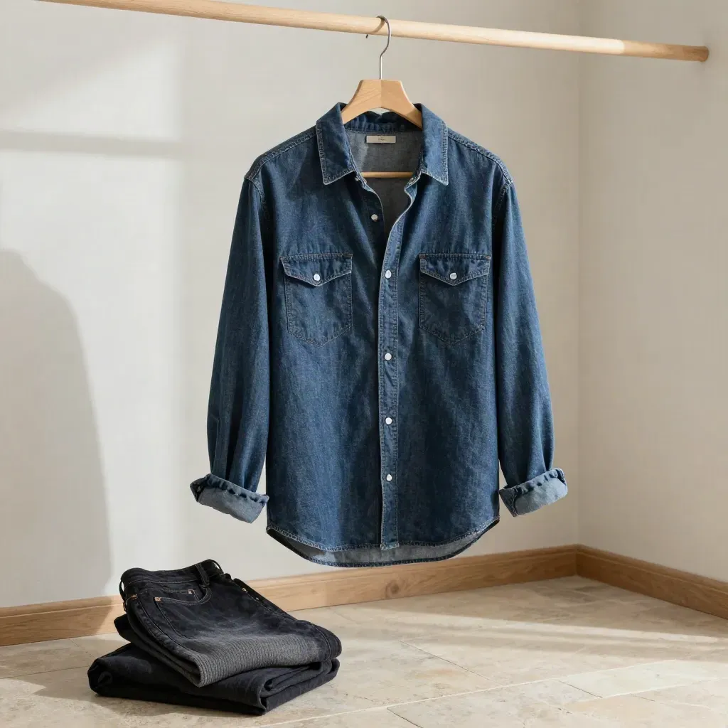 Chemise oversize en denim nuit suspendue dans une pièce claire, lumière douce et atmosphère légère.