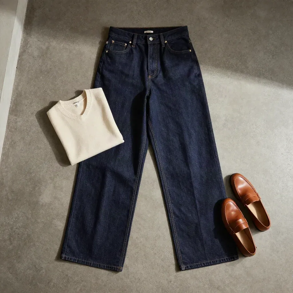 Jean wide femme en denim sombre, maille claire et loafer sur dalle de béton, vue du dessus.