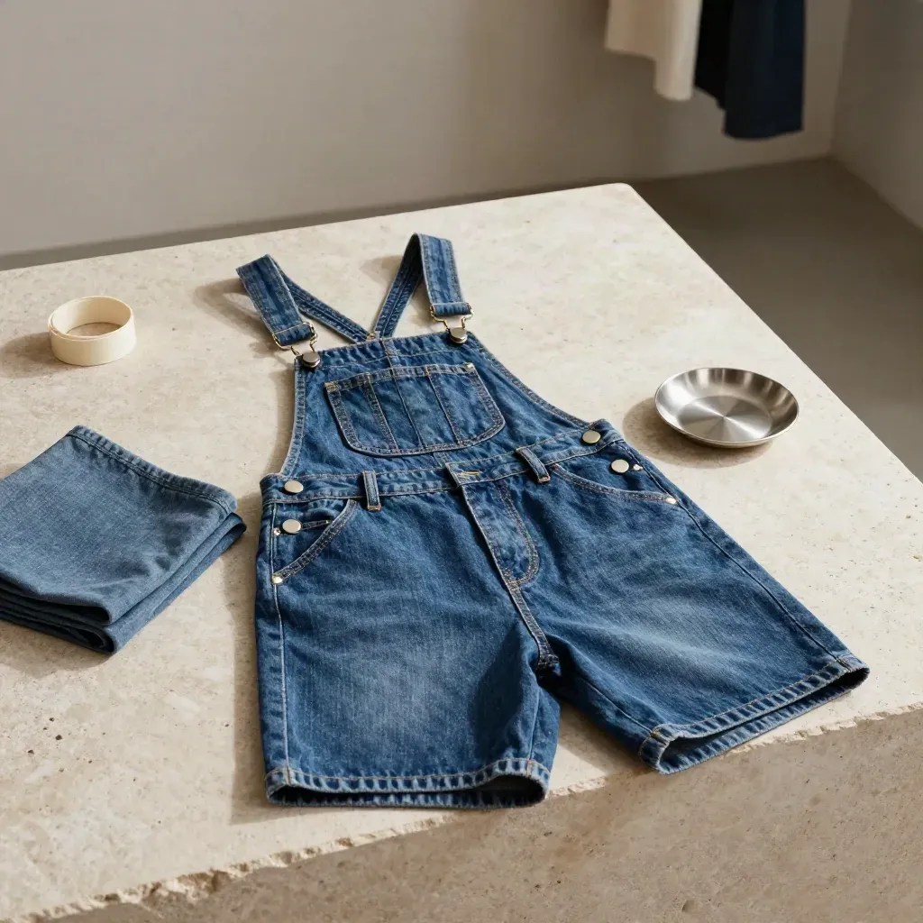 Salopette courte en denim bleu sur plinthe de pierre, avec rivets métal et accessoires flous.