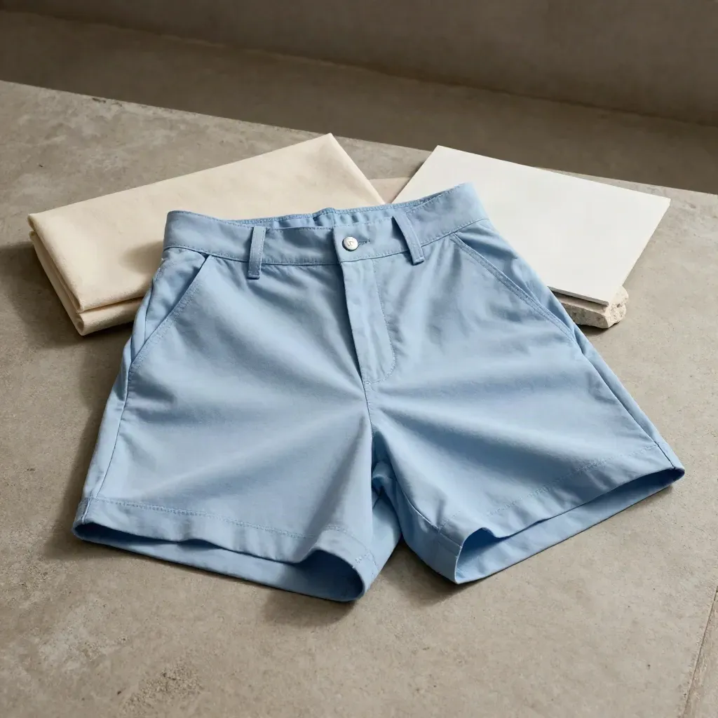 Short taille haute bleu clair sur béton chaud, vu en trois-quarts sous lumière dramatique.
