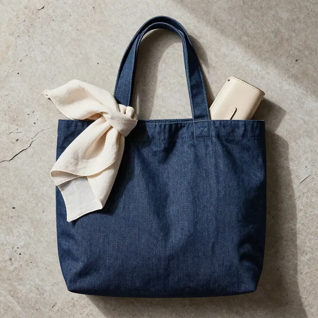 Sac cabas en denim indigo, écharpe pliée et petit accessoire clair sur pierre claire.