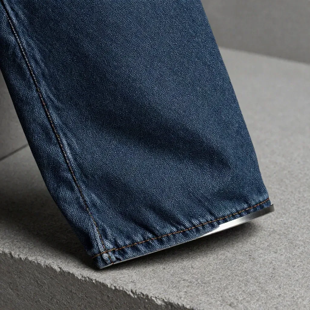 Macro d’un jean tapered brut sur pierre, couture et ourlet en gros plan.