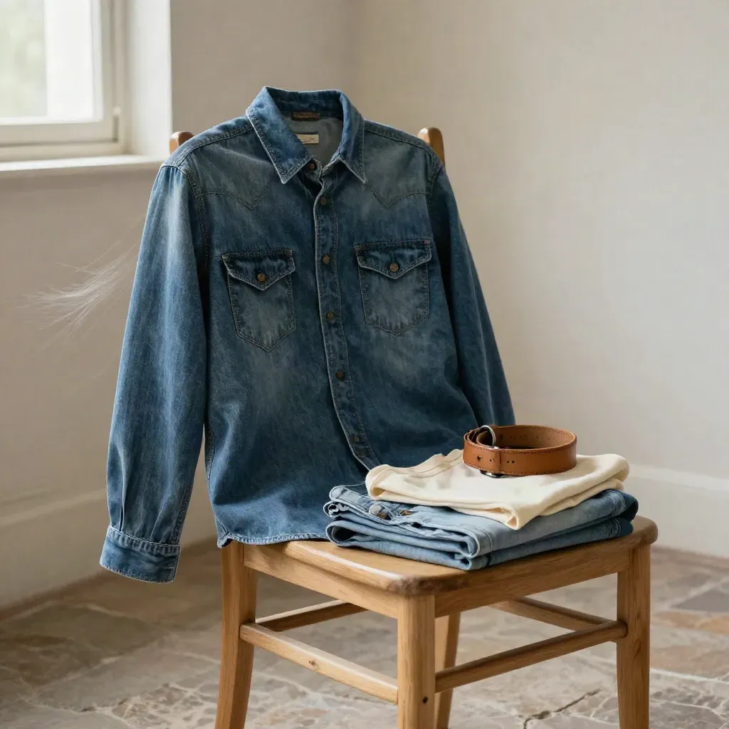 Surchemise denim bleue sur chaise en bois, avec jean plié et ceinture en cuir, lumière douce