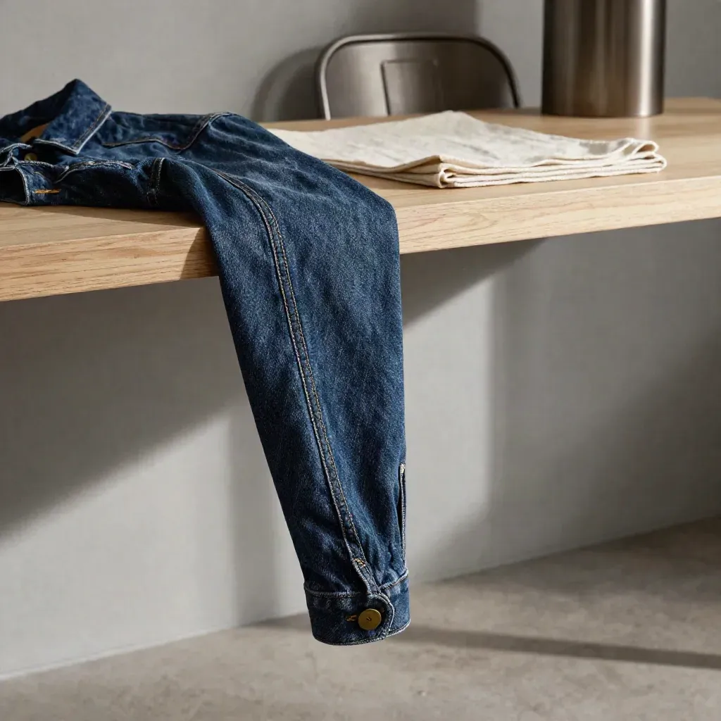 Coin d’atelier minimal avec veste en denim, lumière rasante et grand vide clair en bas.