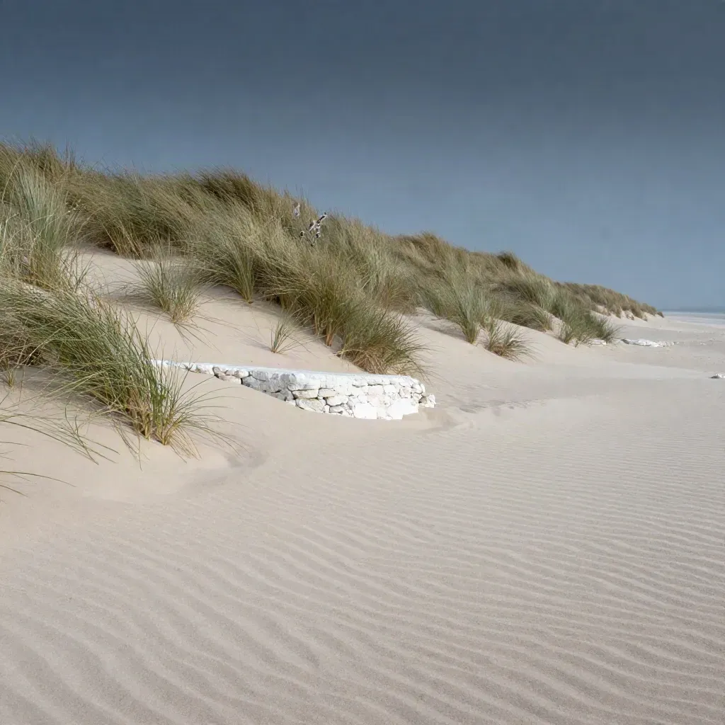 Lisière de dune au vent avec herbes marines, marche de calcaire et sable calme.