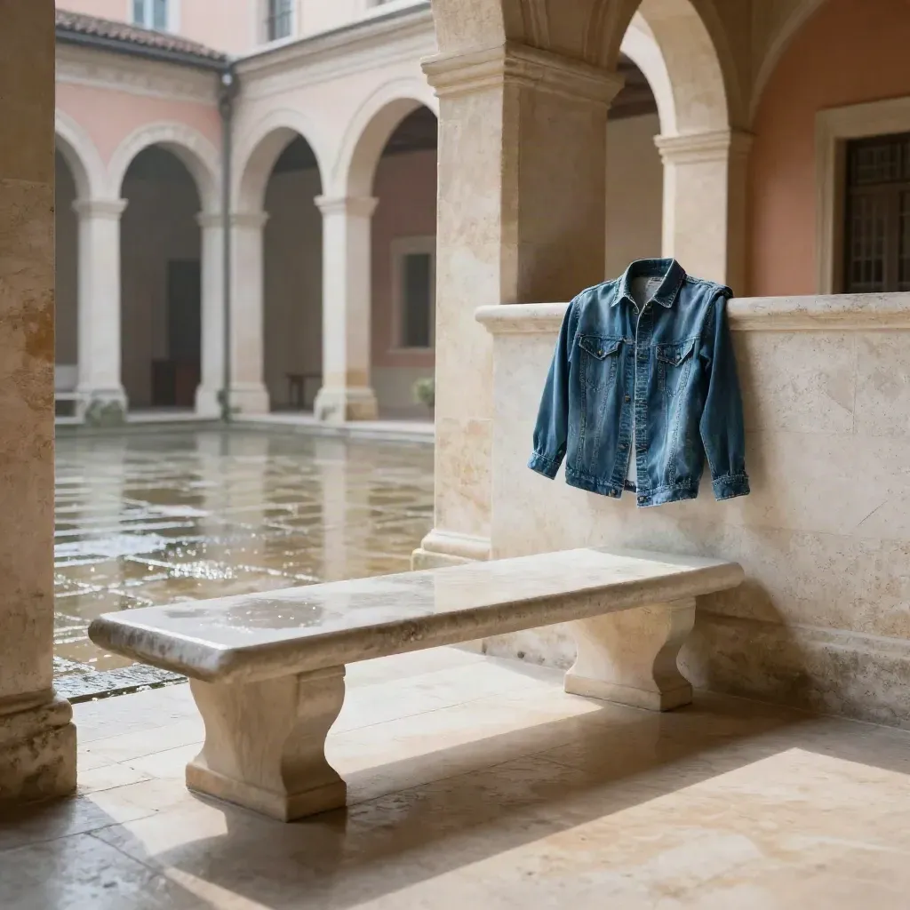 Arcade de pierre, banc vide et drapé de denim bleu dans une lumière d’après-pluie.